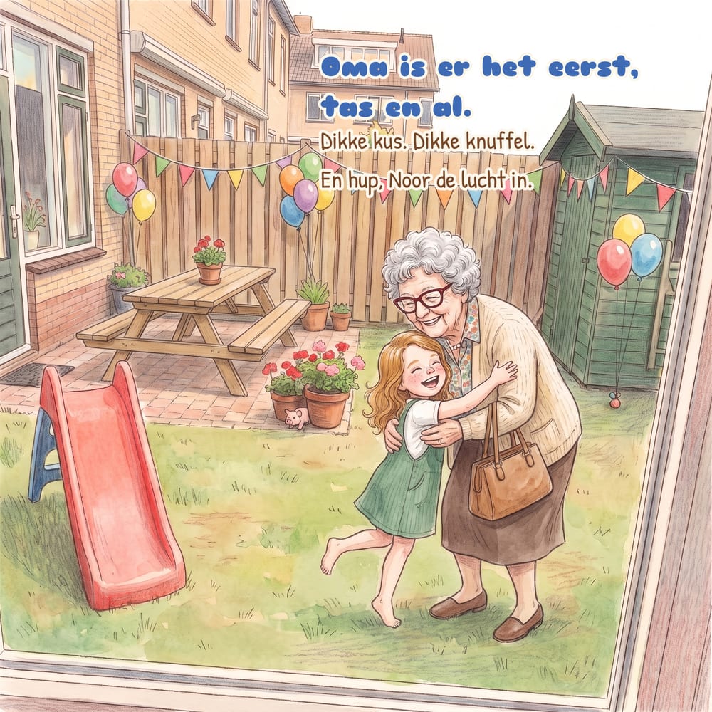 Pagina 15: oma omhelst Noor in de tuin, met slingers, ballonnen, de rode glijbaan en het groene schuurtje