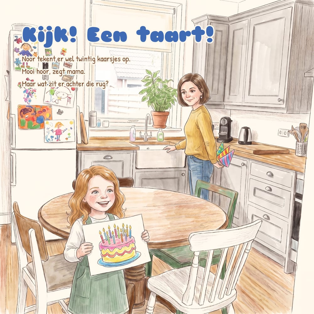 Pagina 5: Noor houdt een tekening van een taart omhoog aan de keukentafel, mama bij het aanrecht