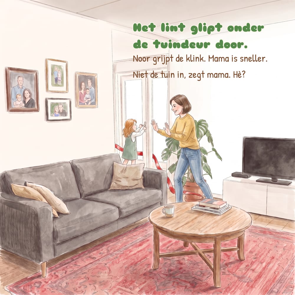 Pagina 7: Noor grijpt de klink van de tuindeur en mama is sneller, het rode lint glipt eronderdoor — de grijze bank en het rode tapijt staan waar ze staan