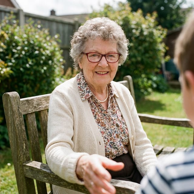 Foto van oma: kort grijs krullend haar, rode bril, crème vest